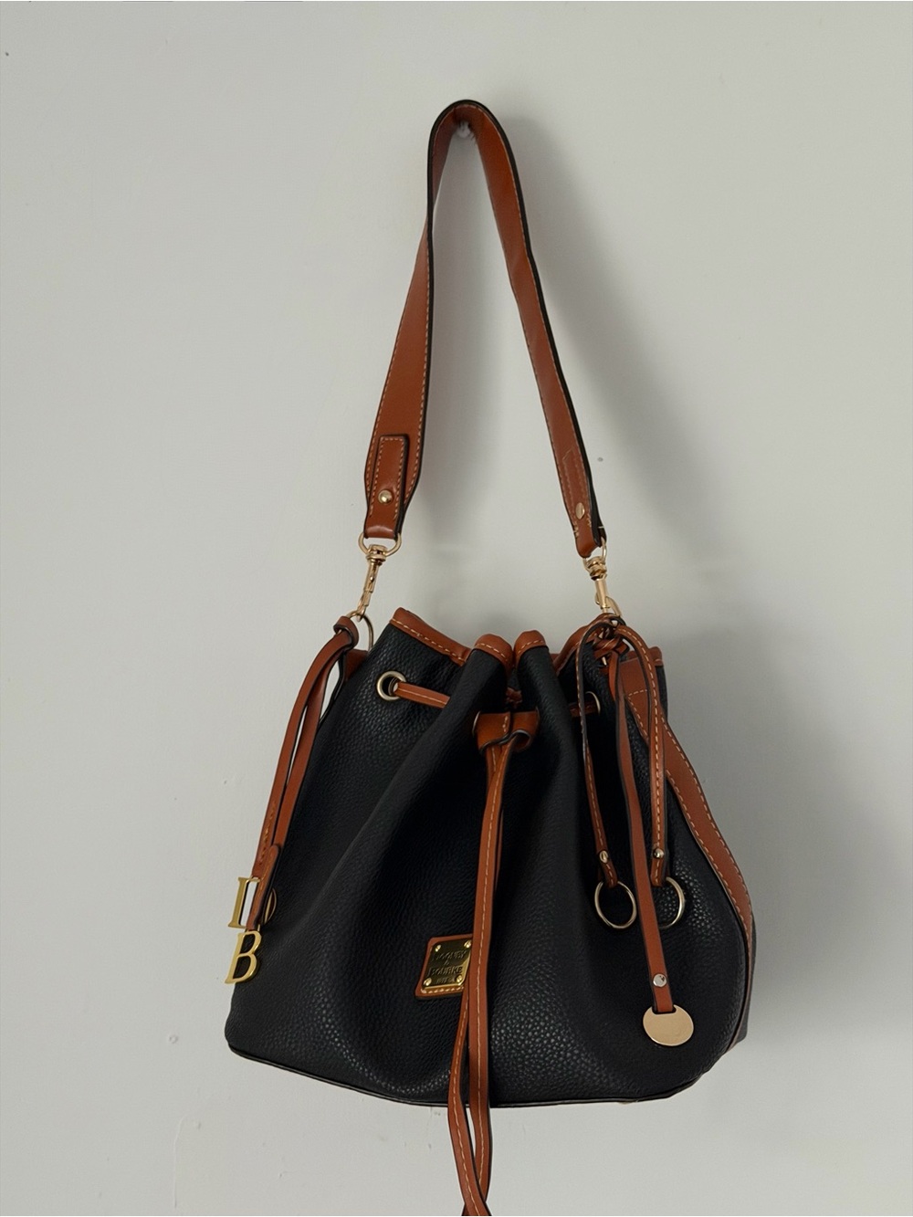 Doney & Bourke Black Pebbled Drawstring Hobo with Tan Trim